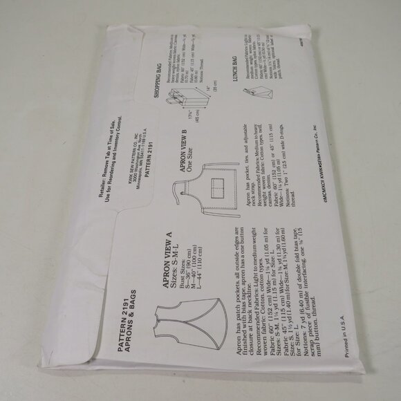 Kwik Sew 2191 Sewing Pattern Aprons, Shopping Bag, Lunch Bag UNCUT - Picture 7 of 7